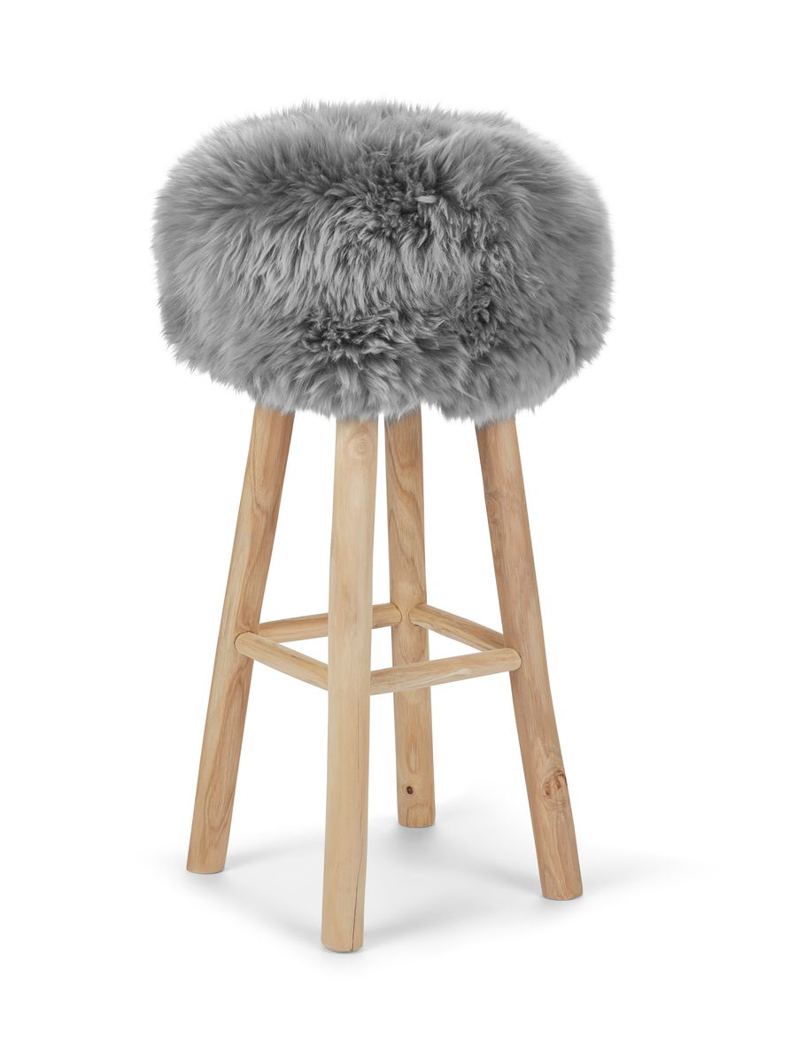Tabouret de bar Theo + housse | Pieds en chêne | Peau de mouton de Nouvelle-Zélande Gris Léger