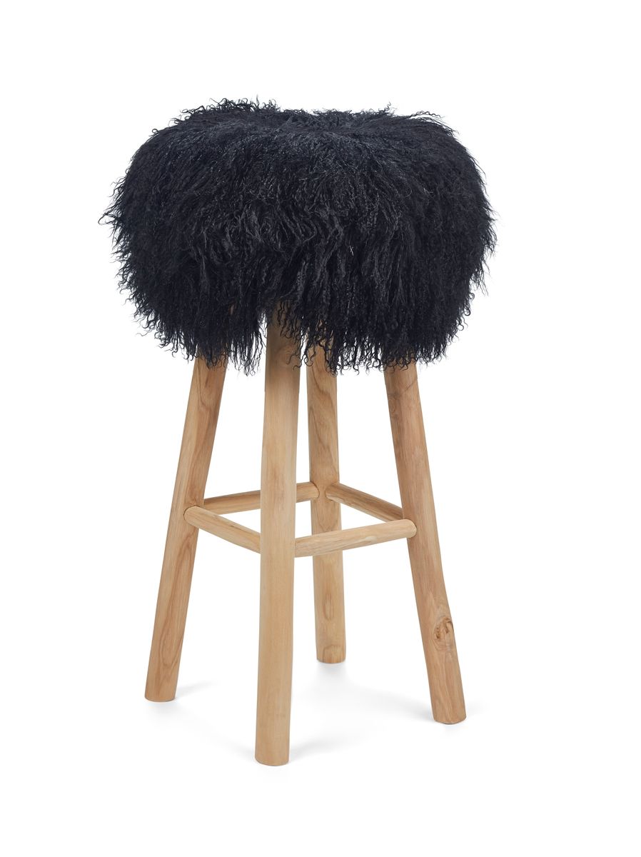 Tabouret de bar Theo + housse | Pieds en chêne | Peau de mouton du Tibet Noir