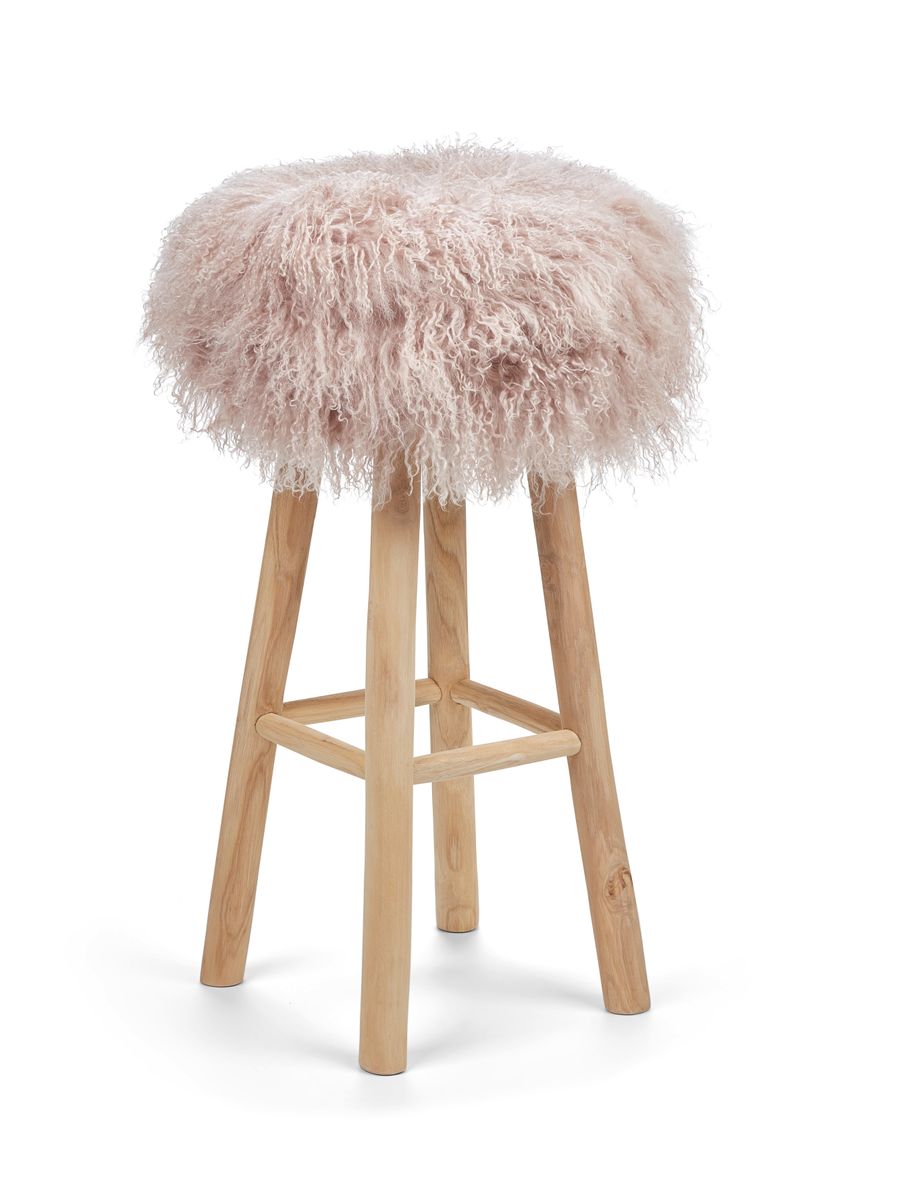 Tabouret de bar Theo + housse | Pieds en chêne | Peau de mouton du Tibet Colombe