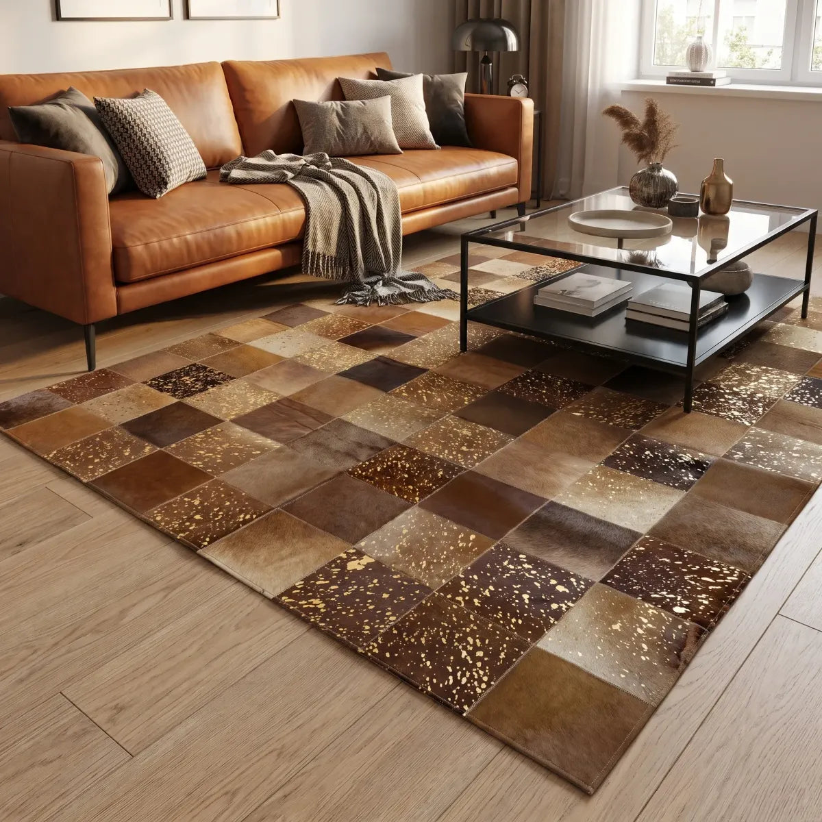 Tapis Design en Peau de Vache Noire | Brésil | 200x200 cm
