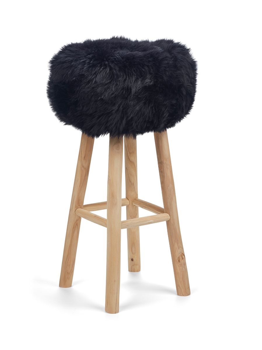 Tabouret de bar Theo + housse | Pieds en chêne | Peau de mouton de Nouvelle-Zélande Noir