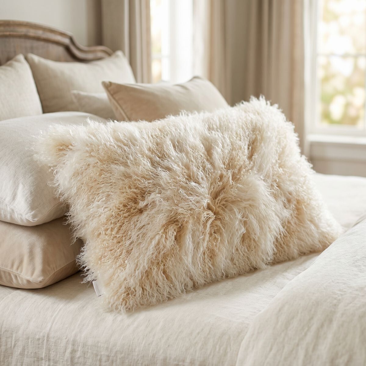 Coussin bouclé Lever de soleil arctique/colombe