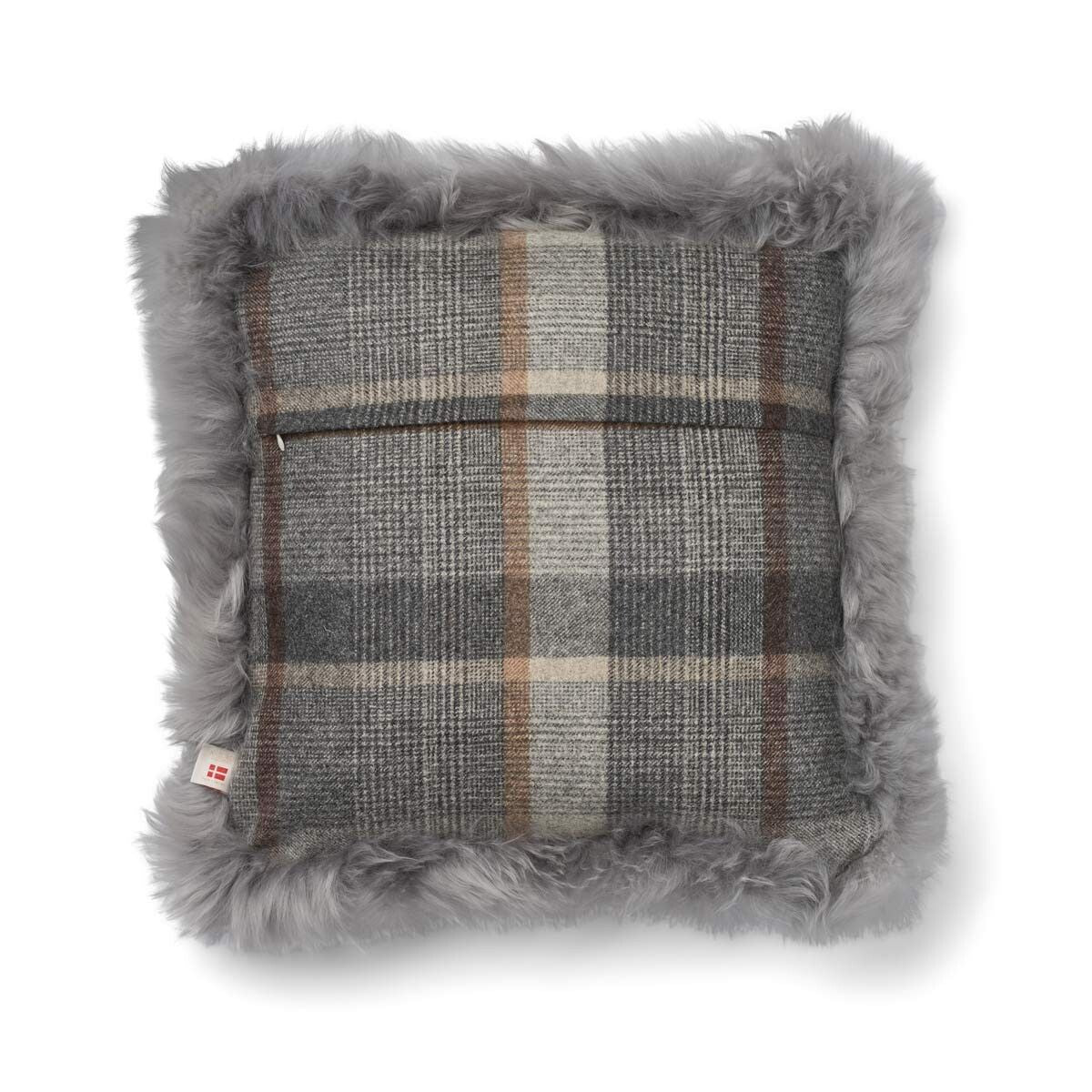 Coussin en peau de mouton longue laine Glencheck-Gris/Gris clair