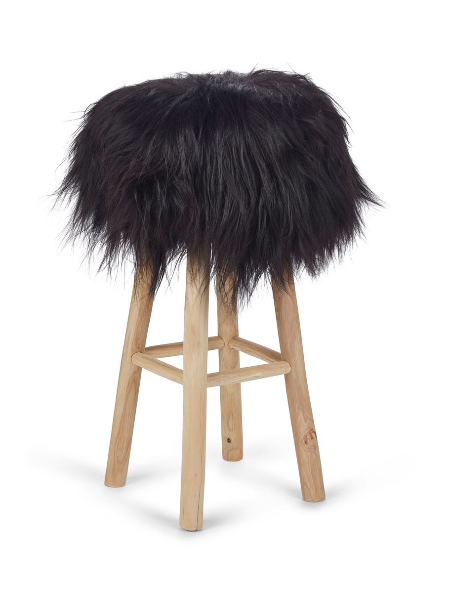 Tabouret de bar Theo + housse | Pieds en chêne | Peau de mouton islandais Noirâtre