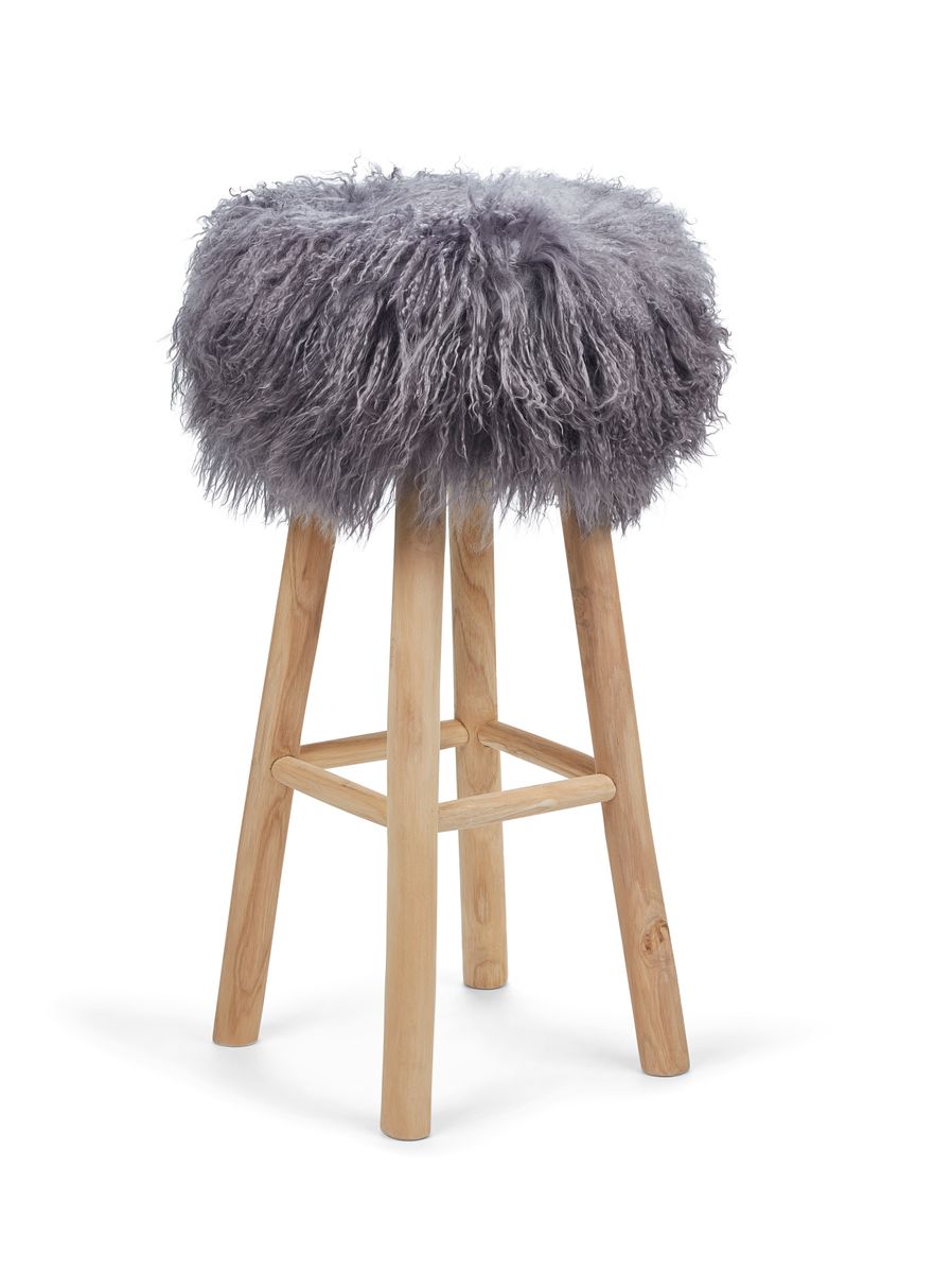 Tabouret de bar Theo + housse | Pieds en chêne | Peau de mouton du Tibet Acier