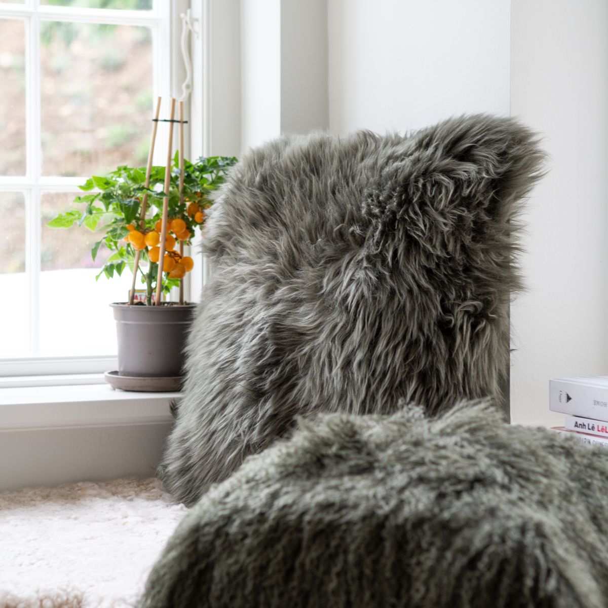 Coussin en peau de mouton longue laine Aubergine