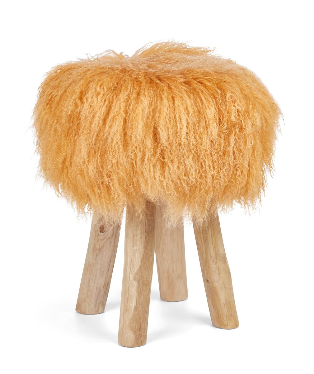 Tabouret Theo + housse | Pieds en chêne | Peau de mouton du Tibet Jaune Impérial
