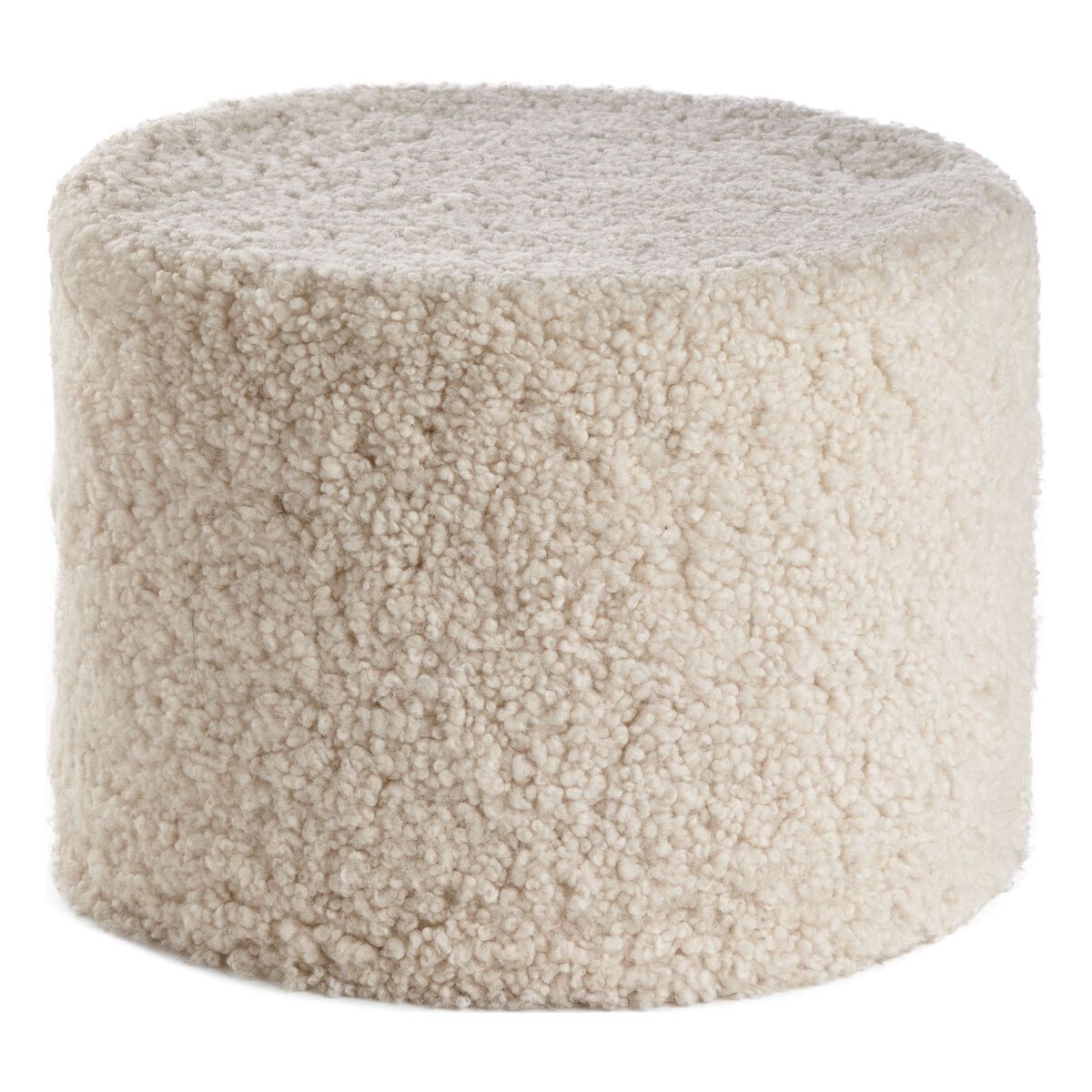 Pouf court en laine bouclée de mouton Perle