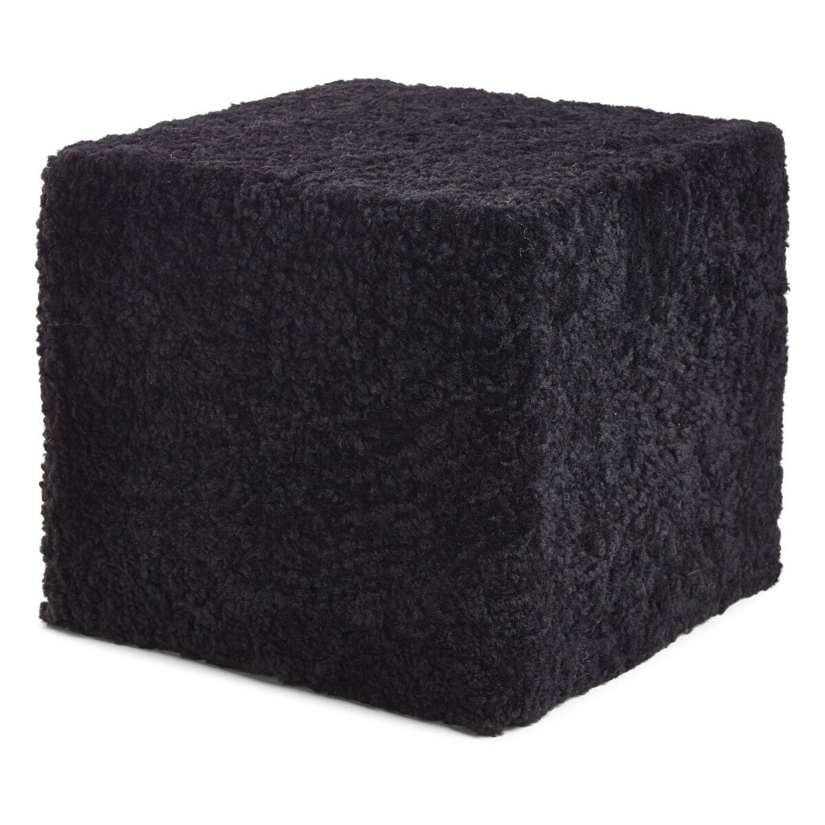 Pouf court en laine bouclée de mouton Noir