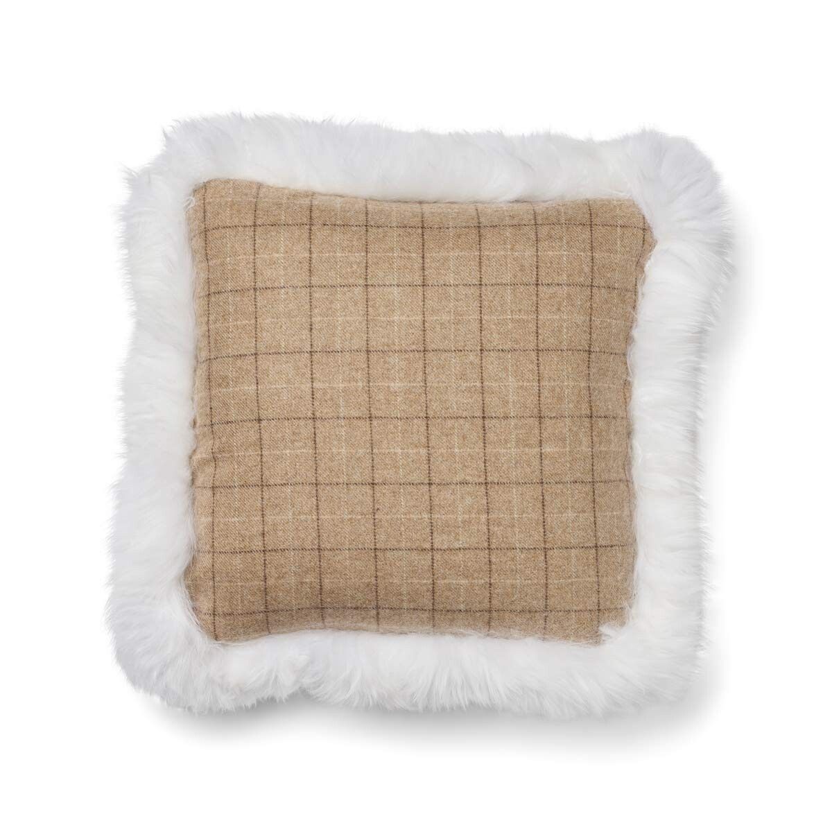 Coussin en peau de mouton longue laine Avoine-Beige/Ivoire