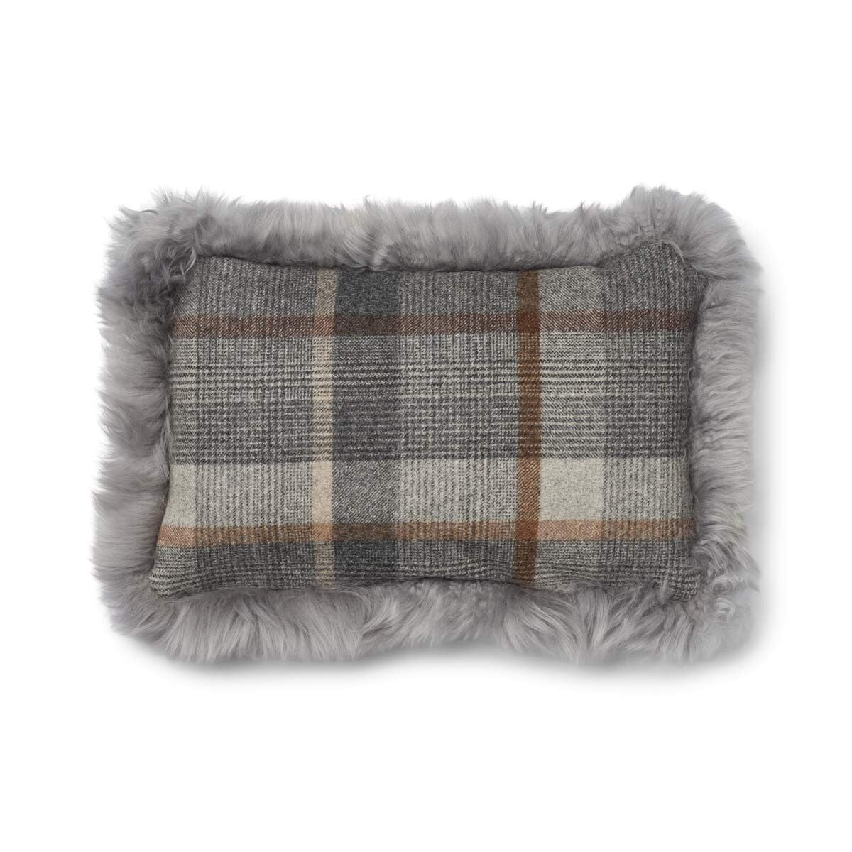 Coussin en peau de mouton longue laine Glencheck-Gris/Gris clair