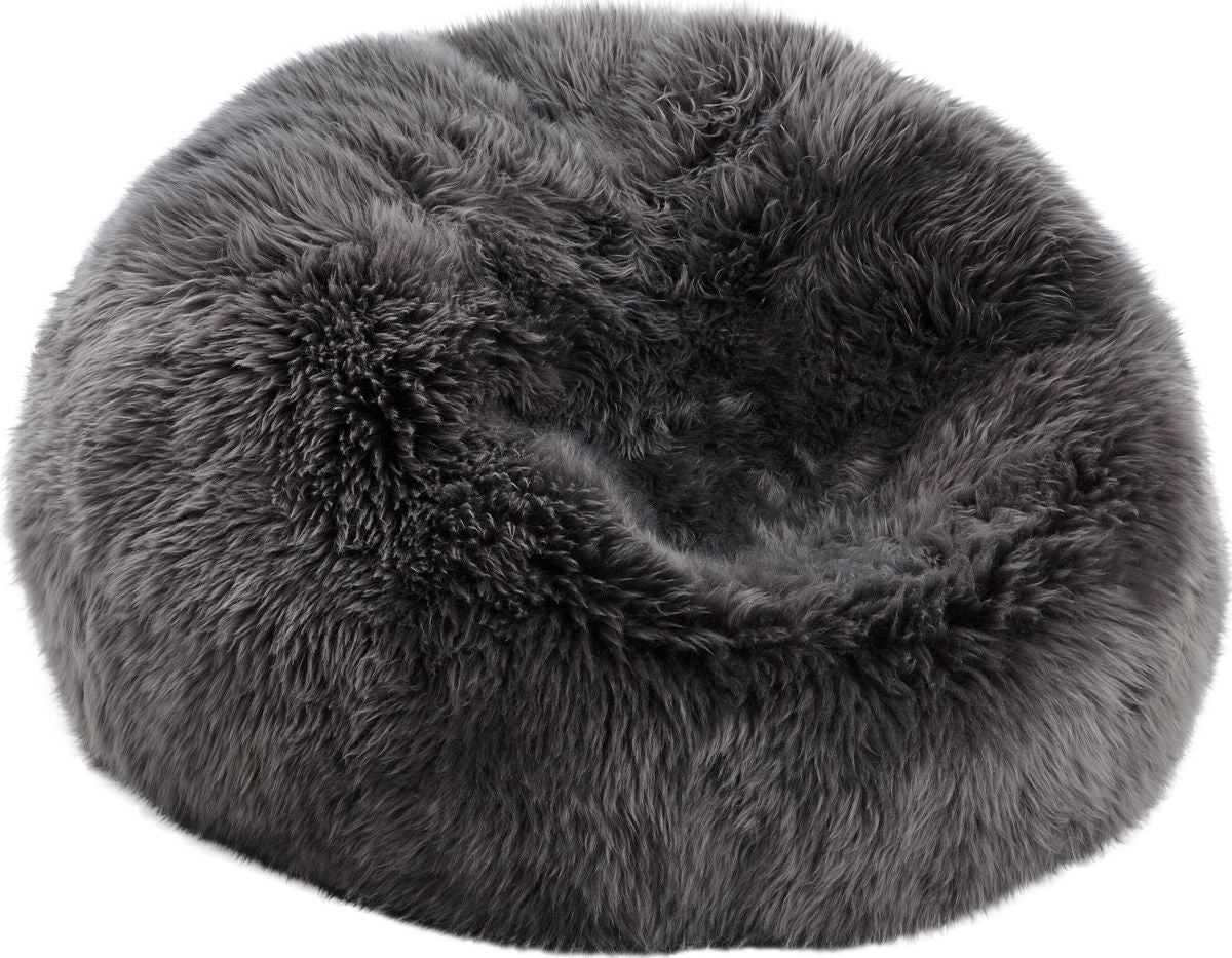 Pouf rond en peau de mouton à laine longue Acier