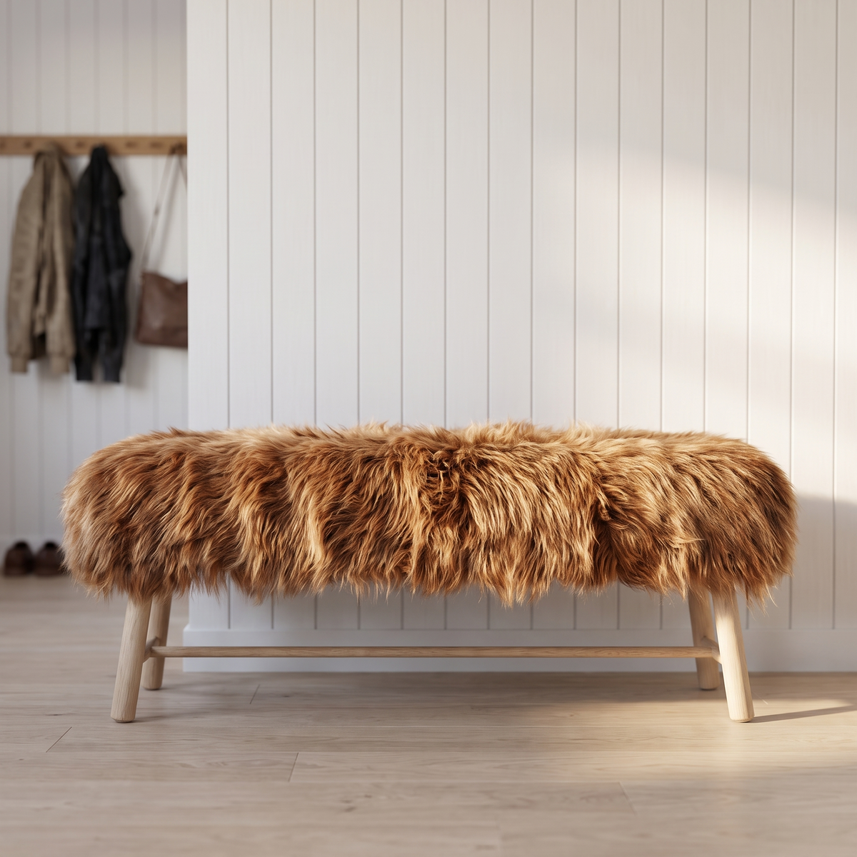 Banc Theo | Peau de mouton islandais | Pieds en chêne Blanc Cassé