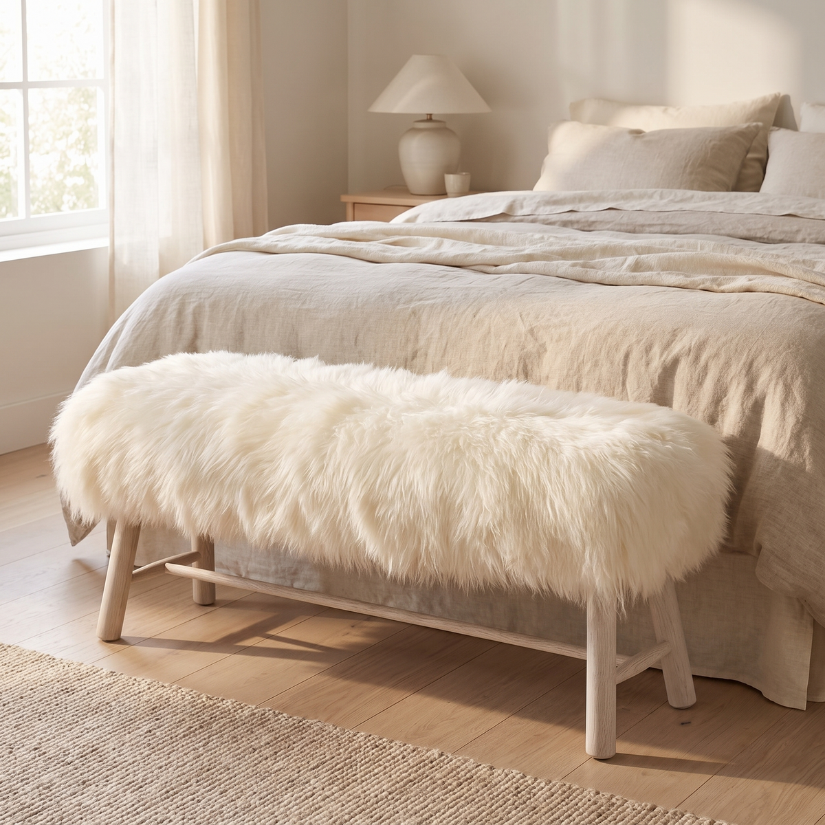 Banc Theo | Peau de mouton islandais | Pieds en chêne Blanc Cassé