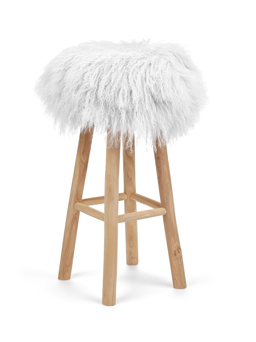 Tabouret de bar Theo + housse | Pieds en chêne | Peau de mouton du Tibet Ivoire