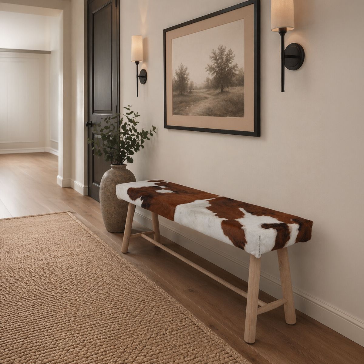 Banc en peau de vache | 140x35x45 cm Noir/Blanc