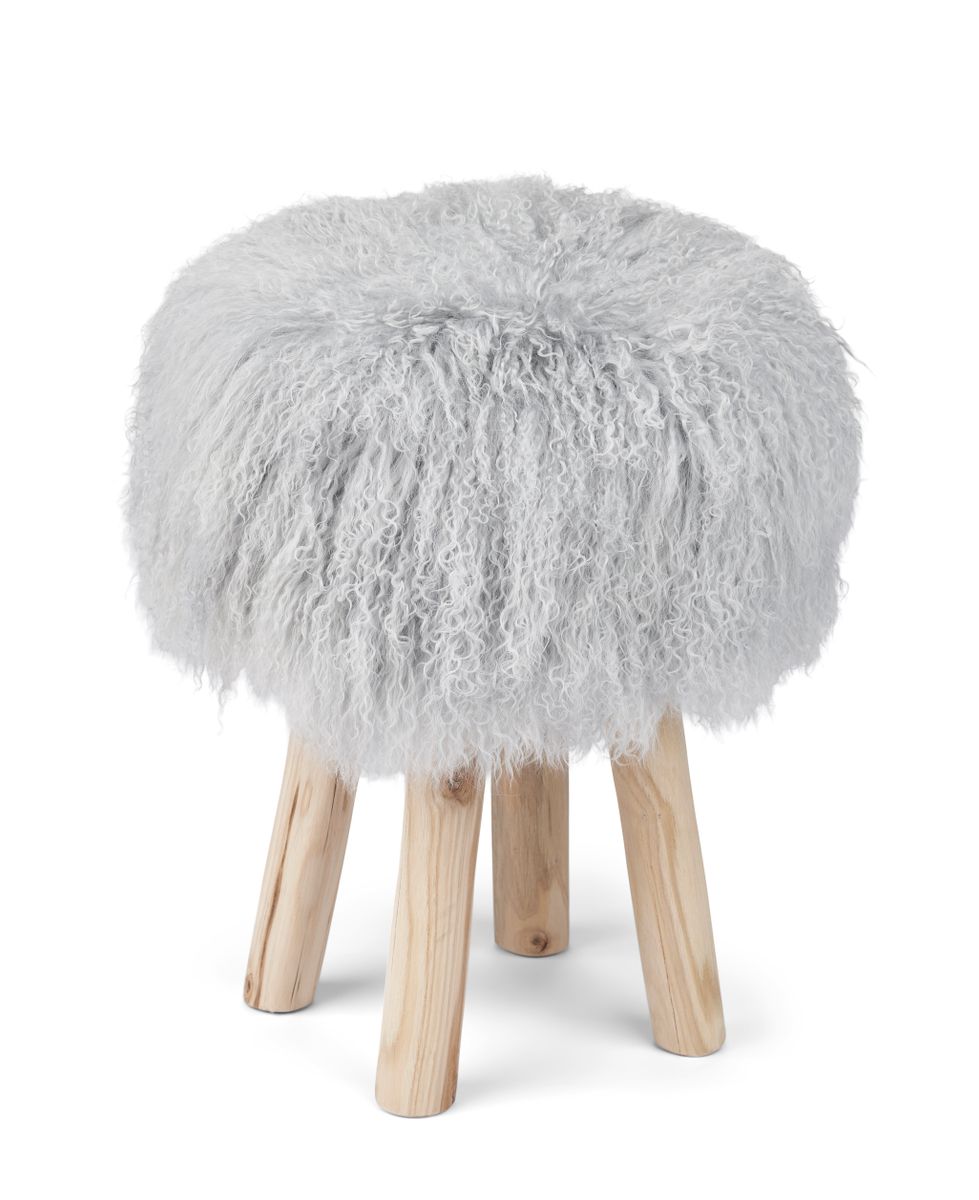 Dessus de tabouret en peau de mouton tibétaine | Ø35 × H17 cm Gris Léger