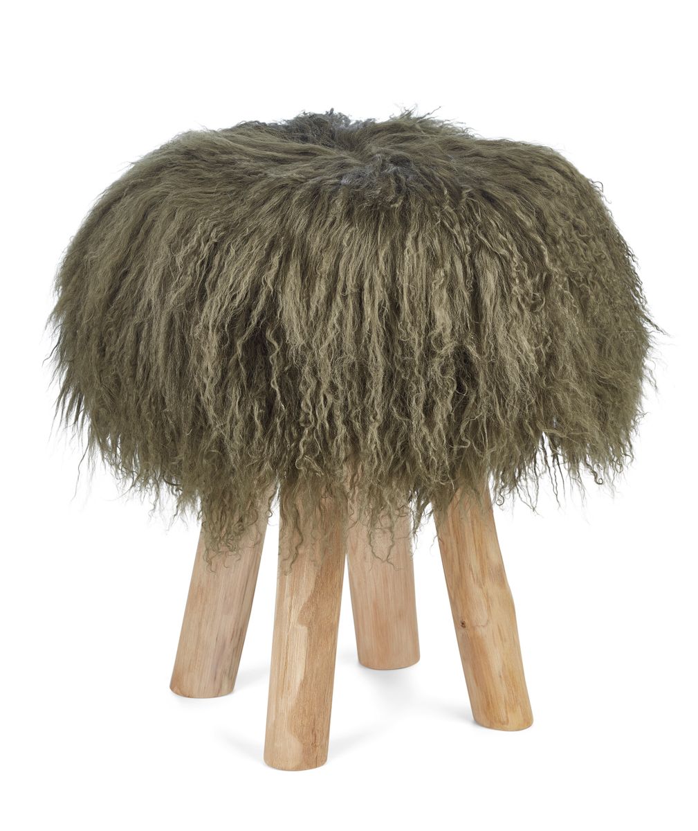 Tabouret Theo + housse | Pieds en chêne | Peau de mouton du Tibet Vert Haie