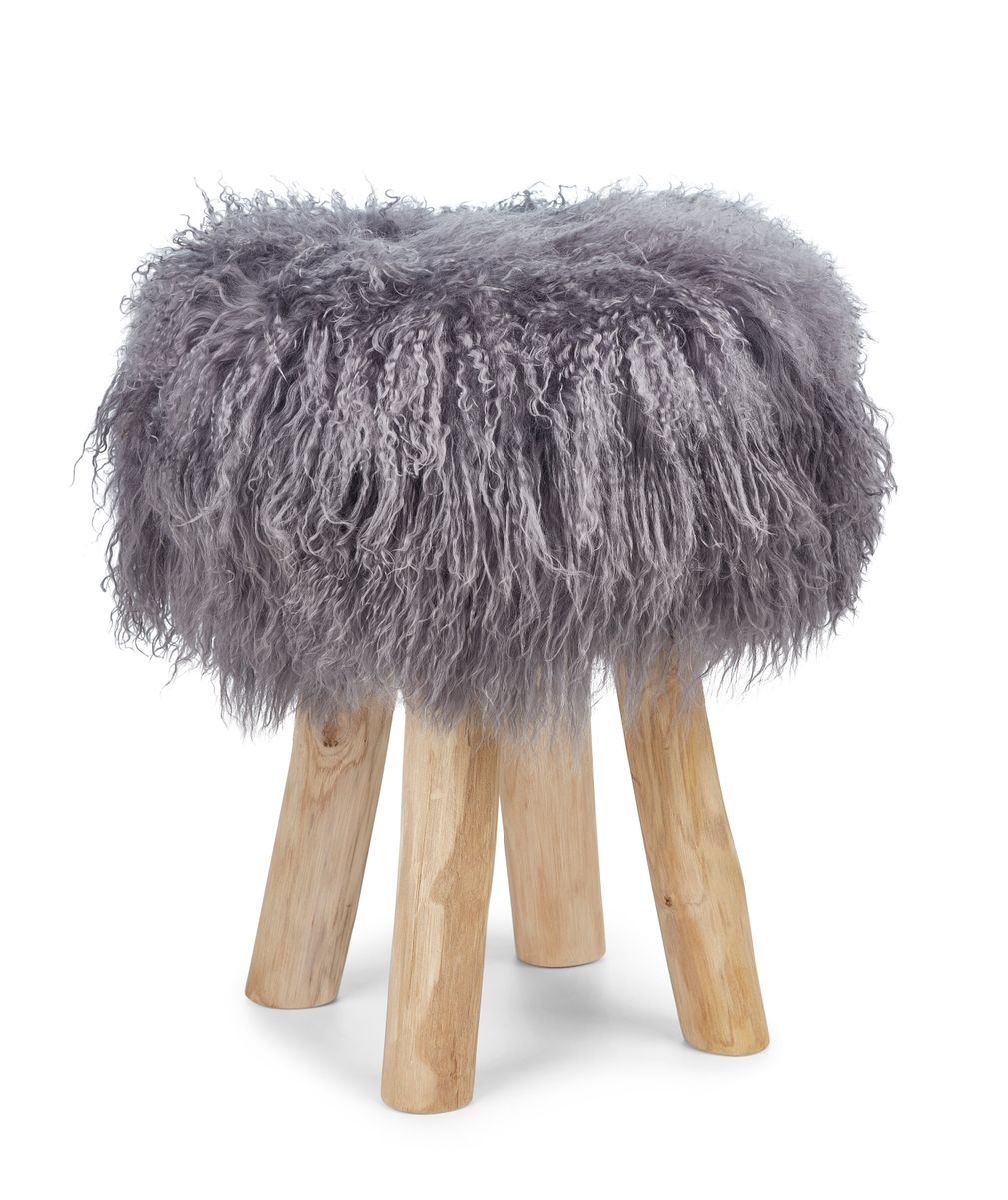 Tabouret Theo + housse | Pieds en chêne | Peau de mouton du Tibet Acier