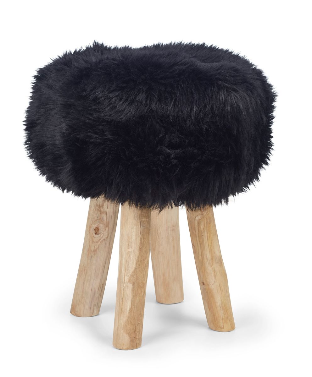 Tabouret Theodor + housse | Pieds en chêne | Peau de mouton de Nouvelle-Zélande Noir