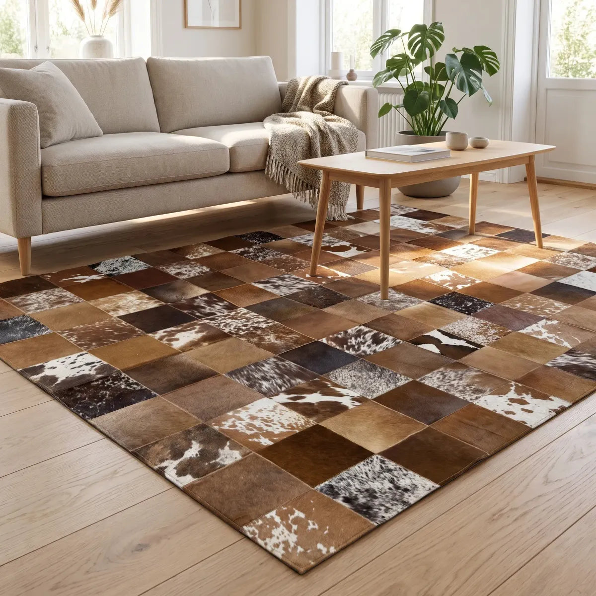 Tapis Design en Peau de Vache Noire | Brésil | 200x200 cm