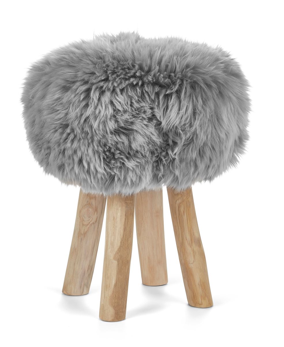 Tabouret Theo + housse | Pieds en chêne | Peau de mouton de Nouvelle-Zélande Gris Léger