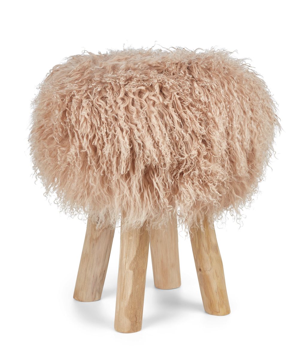 Tabouret Theo + housse | Pieds en chêne | Peau de mouton du Tibet Sable chaud