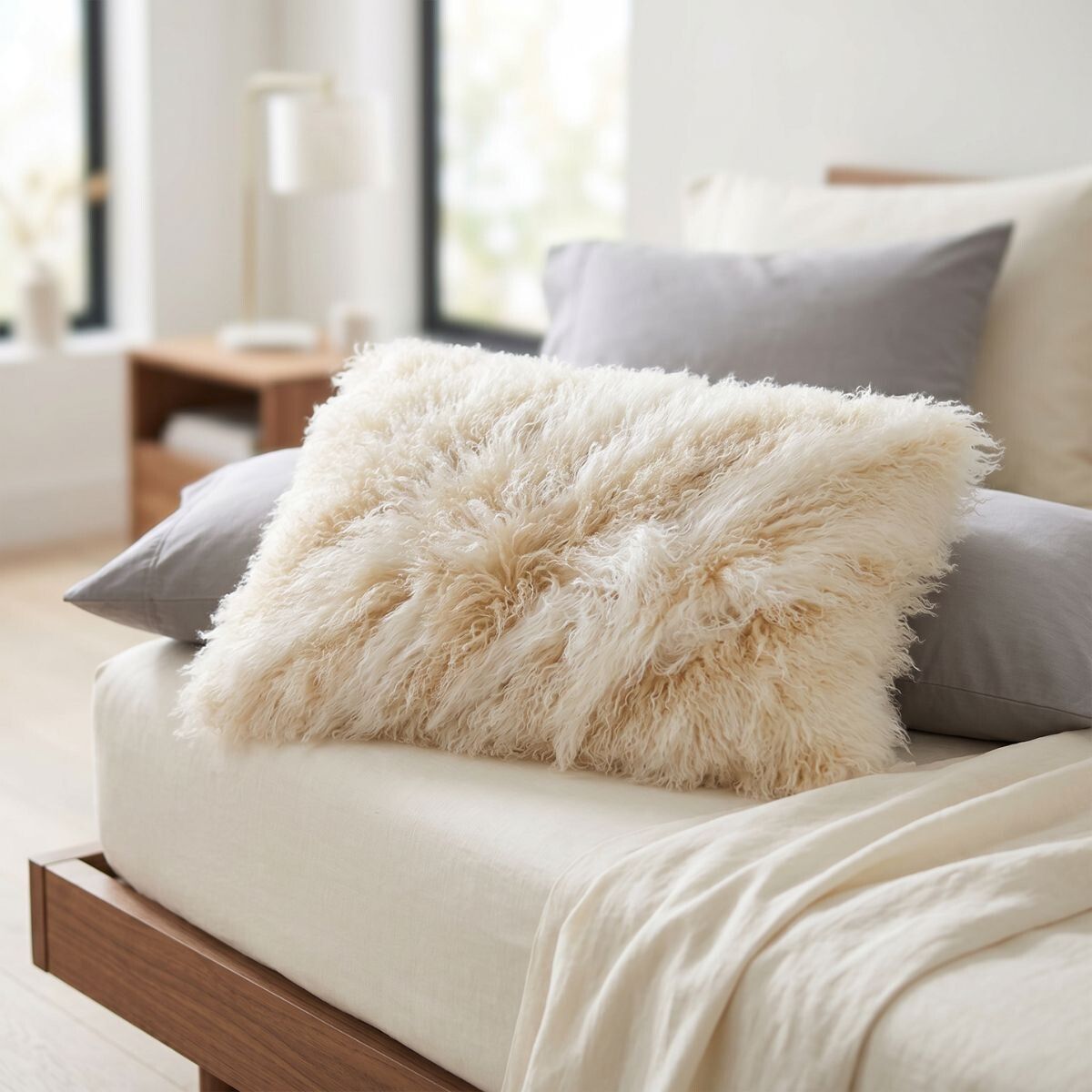 Coussin bouclé Lever de soleil arctique/colombe