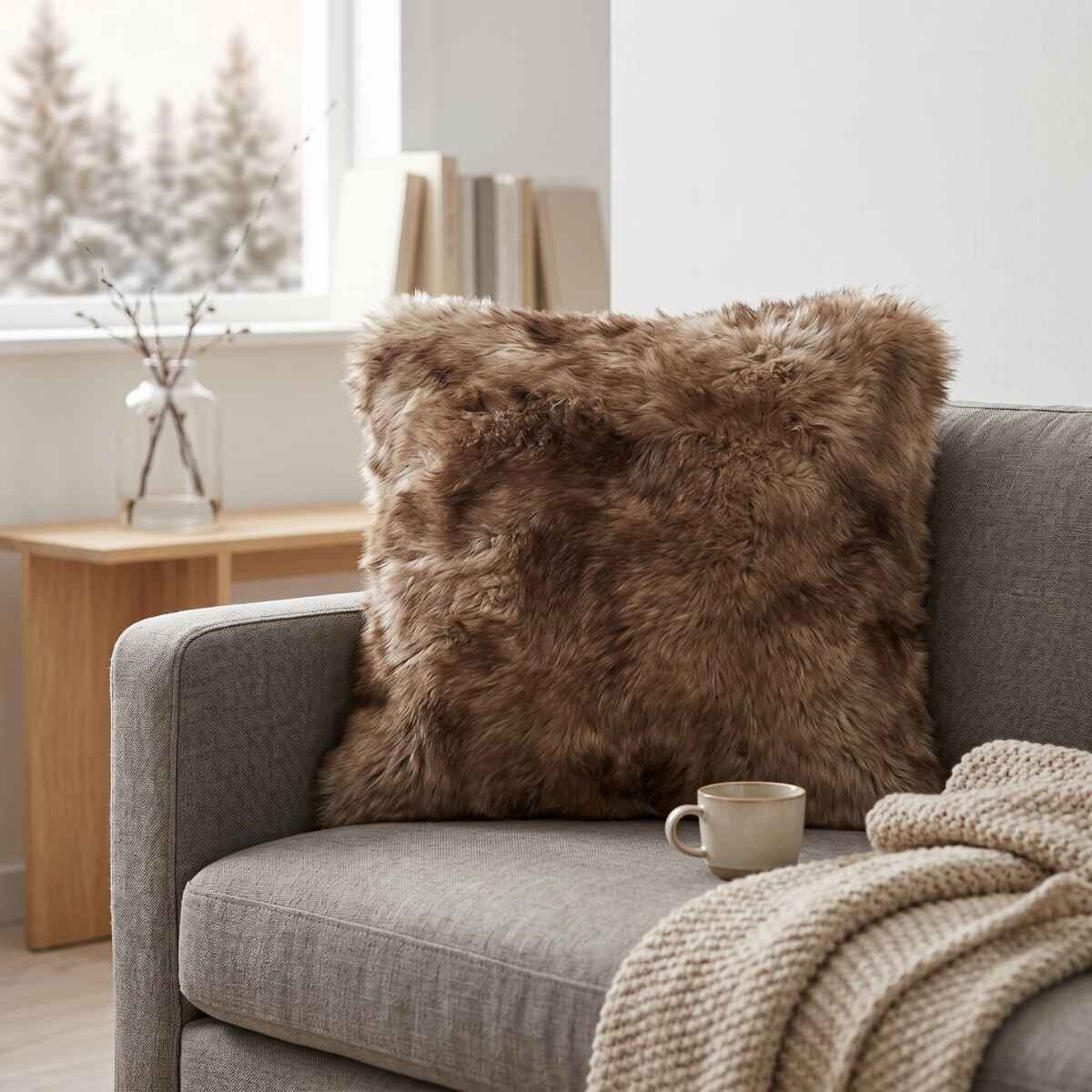 Coussin en peau de mouton Toscana | Poils longs | Double face Marron clair