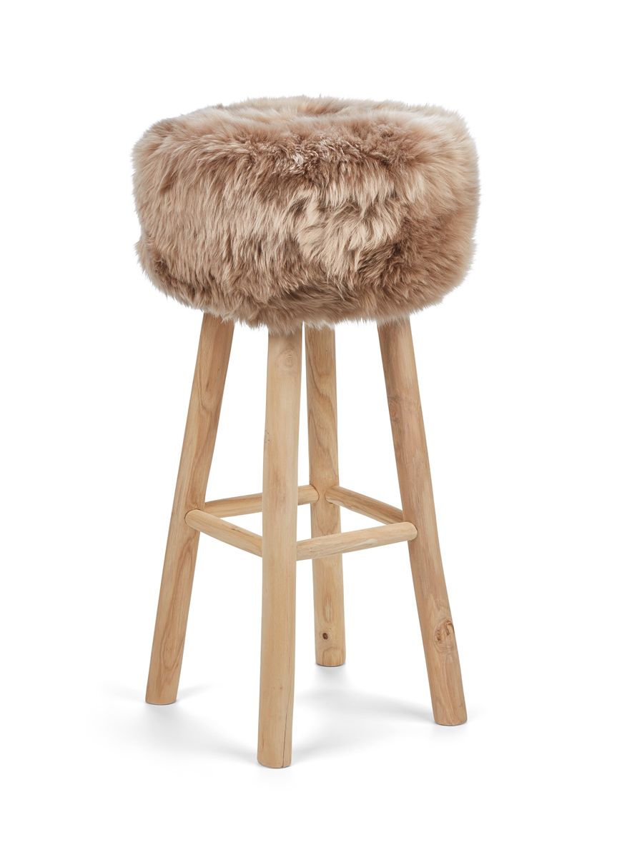 Tabouret de bar Theo + housse | Pieds en chêne | Peau de mouton de Nouvelle-Zélande Taupe