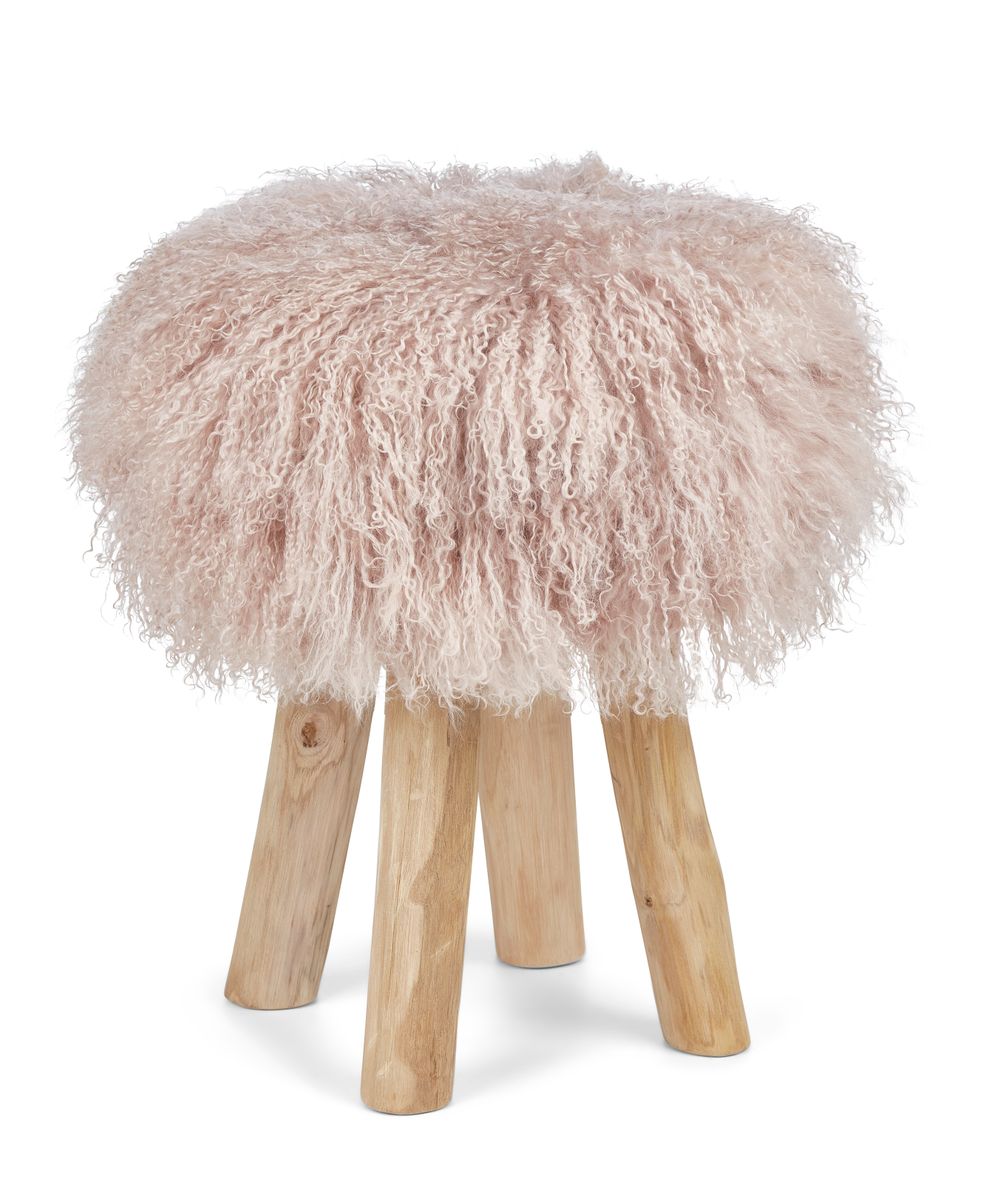 Tabouret Theo + housse | Pieds en chêne | Peau de mouton du Tibet Colombe
