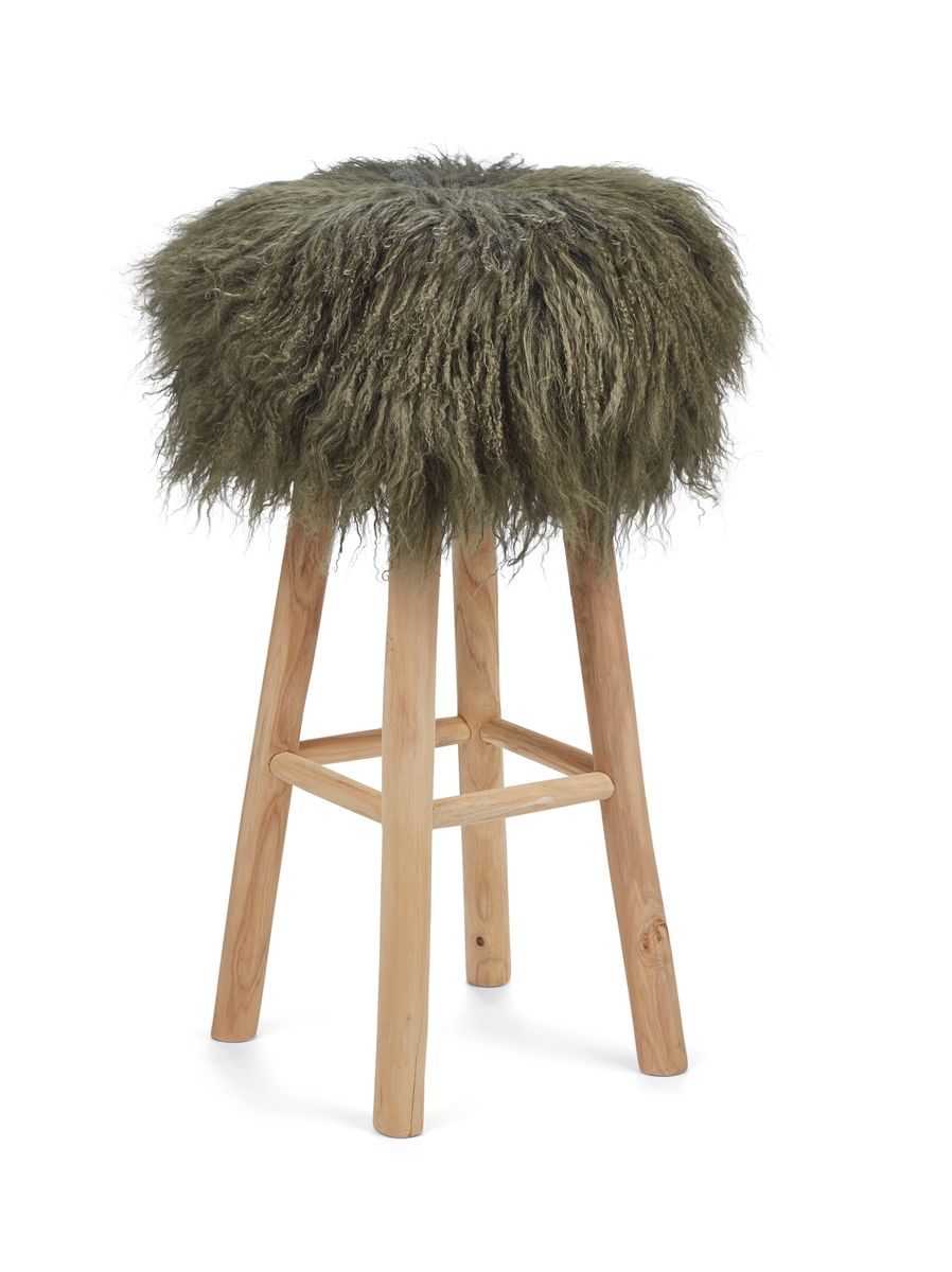 Tabouret de bar Theo + housse | Pieds en chêne | Peau de mouton du Tibet Vert Haie