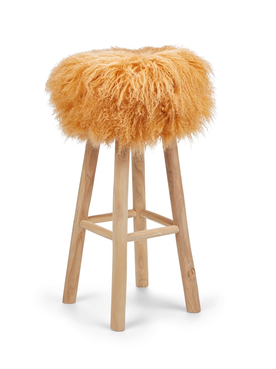 Tabouret de bar Theo + housse | Pieds en chêne | Peau de mouton du Tibet Jaune Impérial