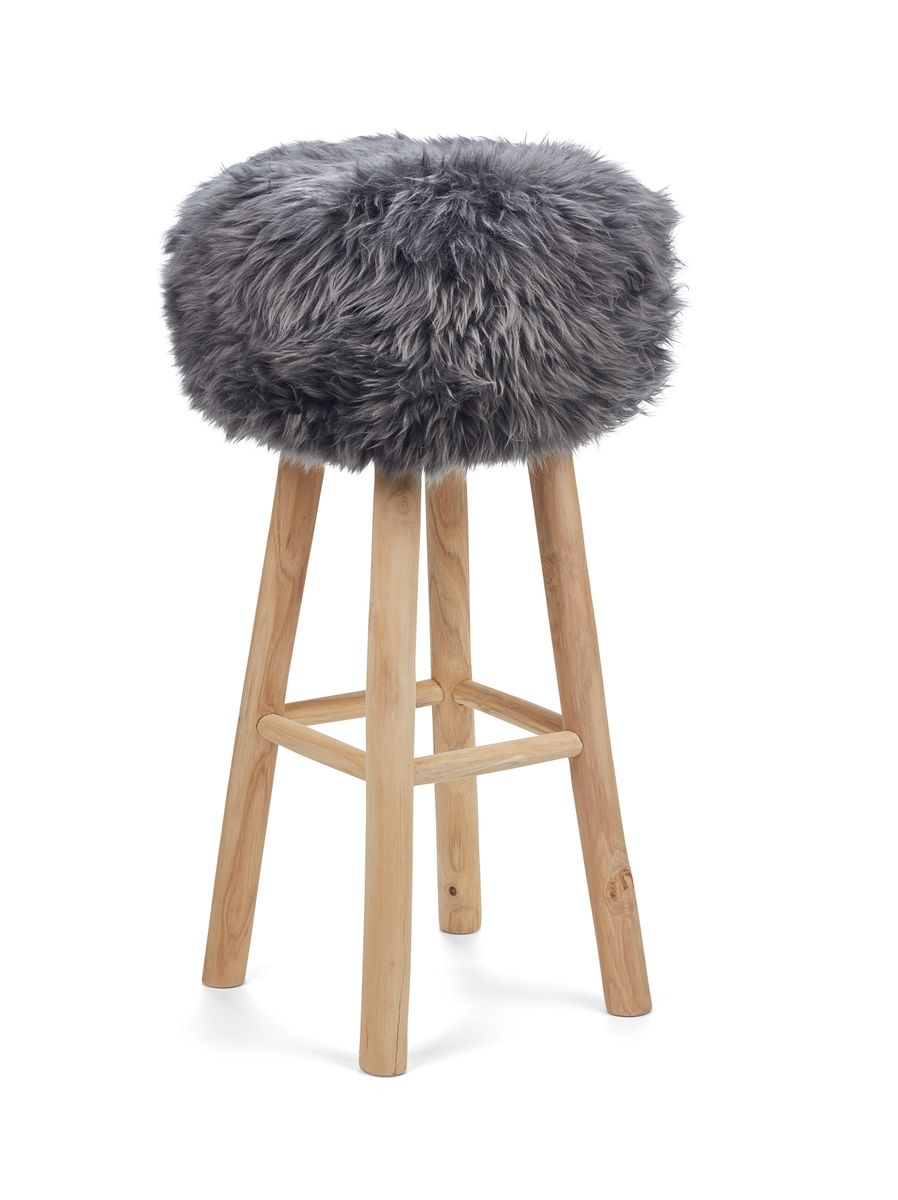 Tabouret de bar Theo + housse | Pieds en chêne | Peau de mouton de Nouvelle-Zélande Acier