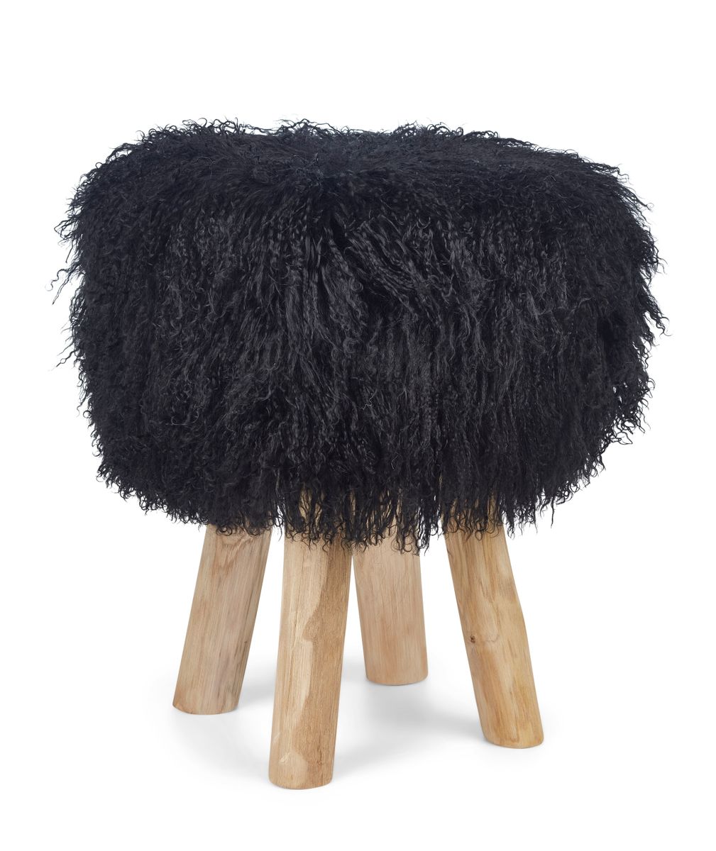 Tabouret Theo + housse | Pieds en chêne | Peau de mouton du Tibet Noir