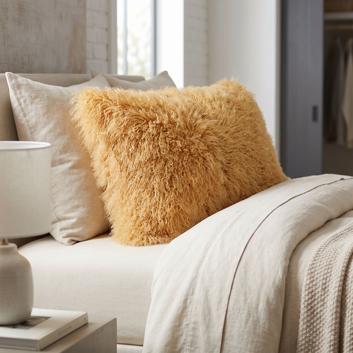 Coussin bouclé Lever de soleil arctique/colombe